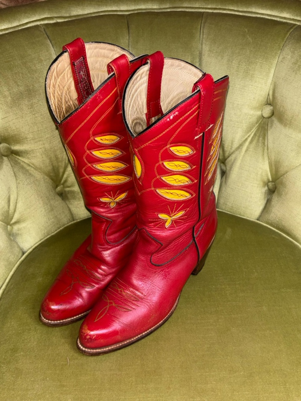 Vtg 80s Women's SASSON Jeans Red Yellow Cowboy Cowgirl High Heel 7.5 B Boots - Picture 1 of 11